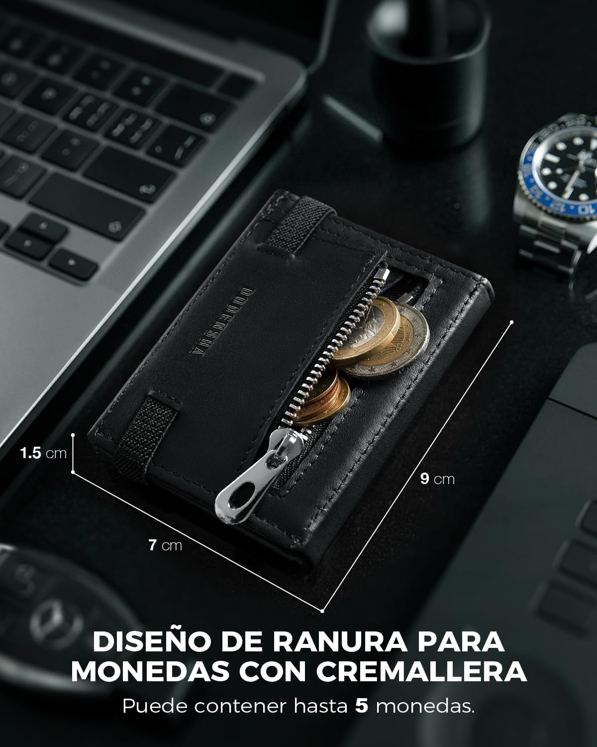 DODENSHA Billetera De Piel Para Hombre Con Bolsillo Para Monedas, 2 Compartimentos Para Billetes, Ventana Para Tarjeta De Identificación, Correa Elástica, Marrón, Negro