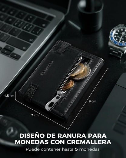 DODENSHA Billetera De Piel Para Hombre Con Bolsillo Para Monedas, 2 Compartimentos Para Billetes, Ventana Para Tarjeta De Identificación, Correa Elástica, Marrón, Negro