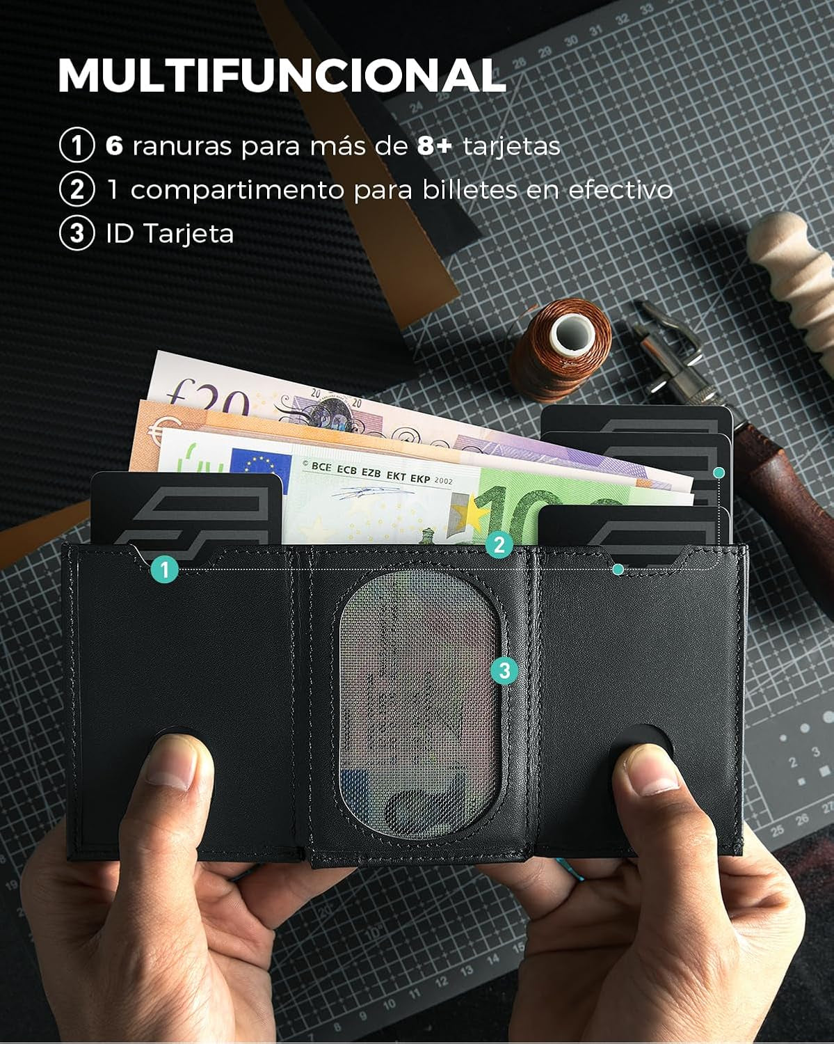 DODENSHA Billetera De Piel Para Hombre Con Bolsillo Para Monedas, 2 Compartimentos Para Billetes, Ventana Para Tarjeta De Identificación, Correa Elástica, Marrón, Negro