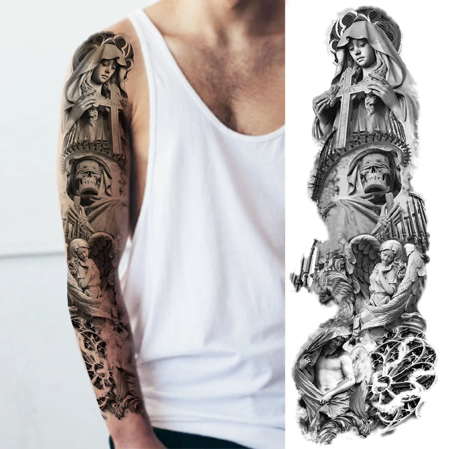 Compass Robot Arm Temporary Tattoos Sleeve For Men Women Realistic Fake Skull Angel Full Arm Tatoos Maori Totem Tattoo Sticker