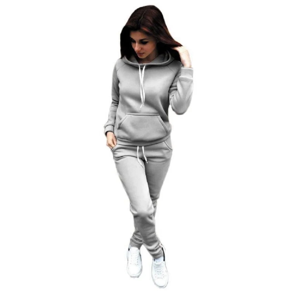 Solid Women Tracksuit Casual Hoodies Sweatshirt Pant Set Lounge Wear Sport Suit 2PCS Autumn Winter Clothes