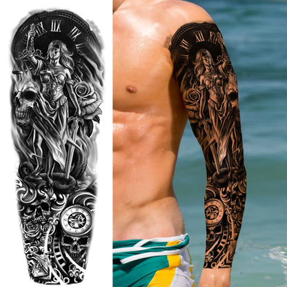 Compass Robot Arm Temporary Tattoos Sleeve For Men Women Realistic Fake Skull Angel Full Arm Tatoos Maori Totem Tattoo Sticker