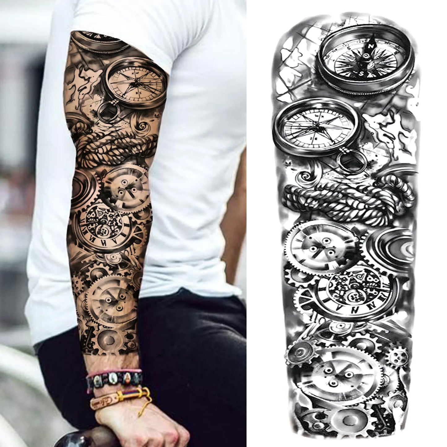 Compass Robot Arm Temporary Tattoos Sleeve For Men Women Realistic Fake Skull Angel Full Arm Tatoos Maori Totem Tattoo Sticker