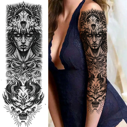 Compass Robot Arm Temporary Tattoos Sleeve For Men Women Realistic Fake Skull Angel Full Arm Tatoos Maori Totem Tattoo Sticker