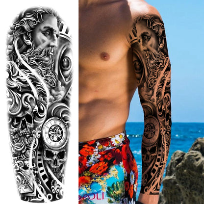 Compass Robot Arm Temporary Tattoos Sleeve For Men Women Realistic Fake Skull Angel Full Arm Tatoos Maori Totem Tattoo Sticker