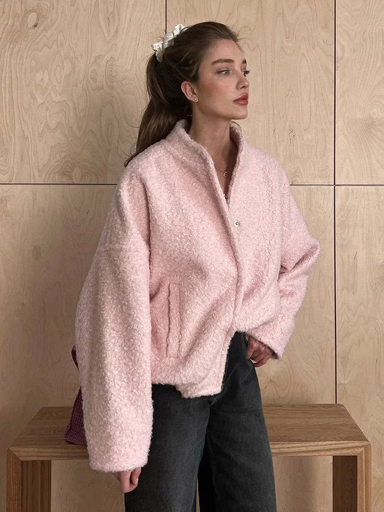 TARUXY Pink Short Fur Jacket Coat For Women Autumn Winter Casual Stand Collar Pocket Loose Fashion Long Sleeve Jacket Top Female