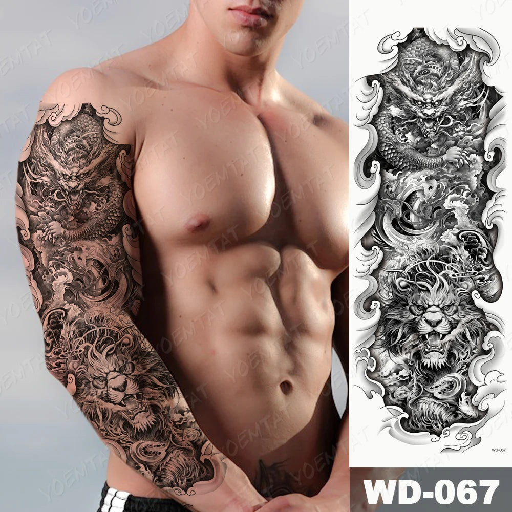 Large Arm Sleeve Tattoo Lion Crown King Rose Waterproof Temporary Tatoo Sticker Wild Wolf Tiger Men Full Skull Totem Fake Tatto