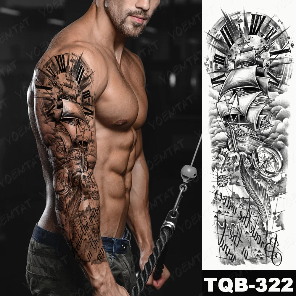 Large Arm Sleeve Tattoo Lion Crown King Rose Waterproof Temporary Tatoo Sticker Wild Wolf Tiger Men Full Skull Totem Fake Tatto