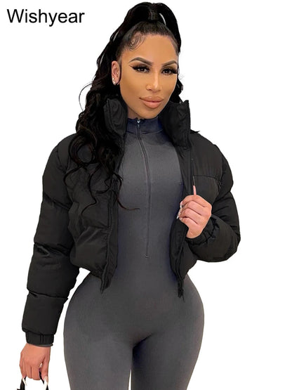 Winter Thick Warm Cotton Down Jacket Women Clothing Gray Zipper Short Puffer Parkas Coats Outwear Female  Crop Tops Streetwear