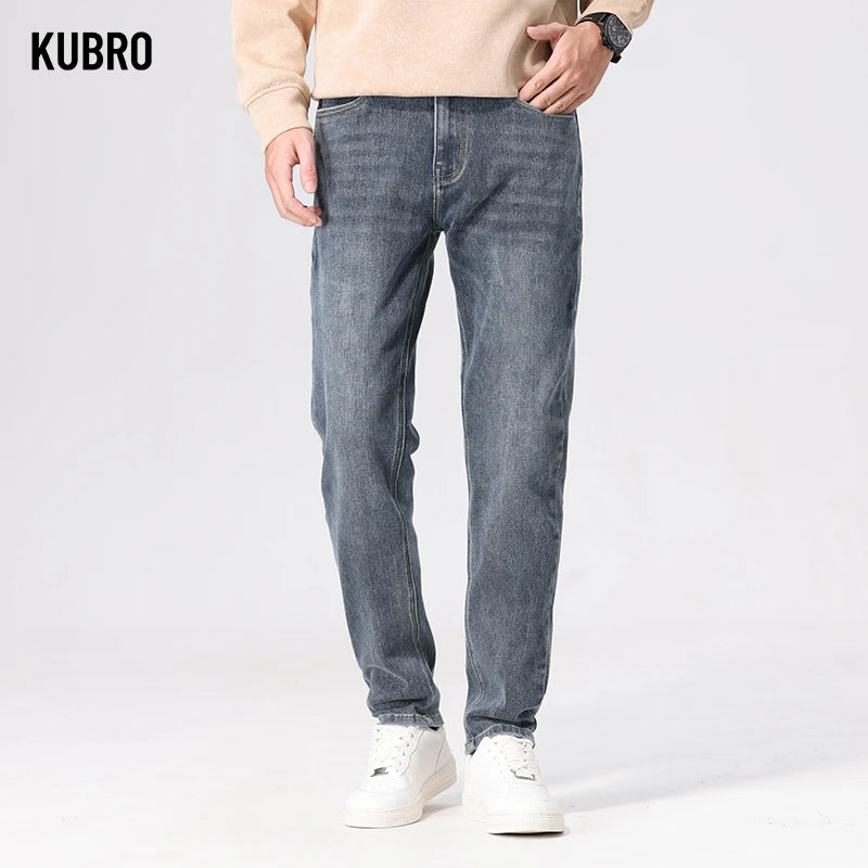 KUBRO New In Jeans Light Blue Autumn Baggy Pants Mencotton Blue Jeans Baggy Casual Denim Trousers Male Big Size Brand Clothing