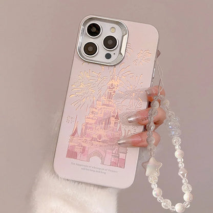 Pink Glitter Castle Phone Case with Lanyard for iPhone 15 14 13 12 Pro Max Plus Princess Fairytale Phone Case Cover