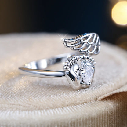 Personality Cute Little Feet Zircon Little Wings Rings Trendy Silver Color Opening Ring Dainty Small For Women Wedding Jewelry