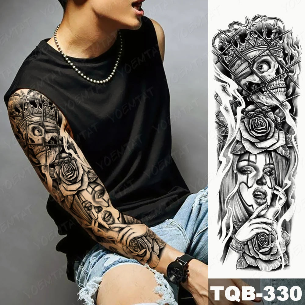 Large Arm Sleeve Tattoo Lion Crown King Rose Waterproof Temporary Tatoo Sticker Wild Wolf Tiger Men Full Skull Totem Fake Tatto