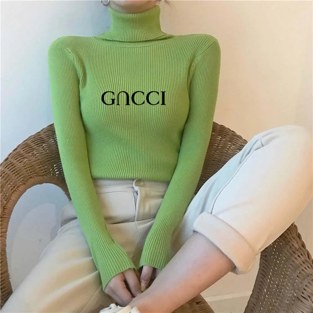 Elegant Solid Basic Knitted Tops Women Turtlneck Sweater Long Sleeve Casual Slim Pullover Korean Fashion Simple Chic Clothes