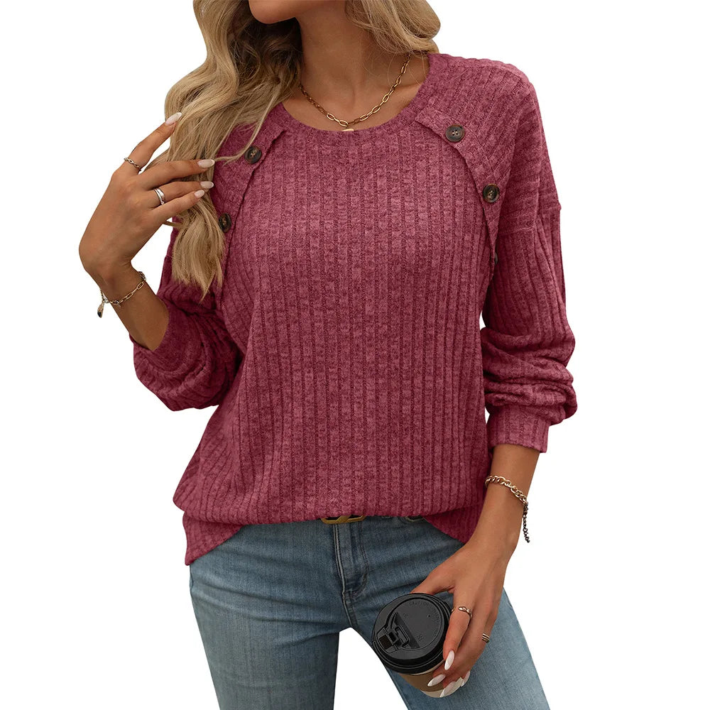 2025 New Item Women's Tee Top With Round Neck And Brushed Solid Color Pullover Tshirts Loose Casual Long Sleeved Button T-shirt