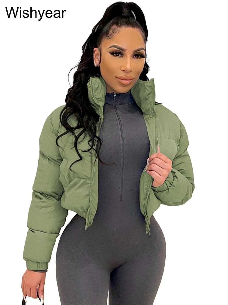 Winter Thick Warm Cotton Down Jacket Women Clothing Gray Zipper Short Puffer Parkas Coats Outwear Female  Crop Tops Streetwear