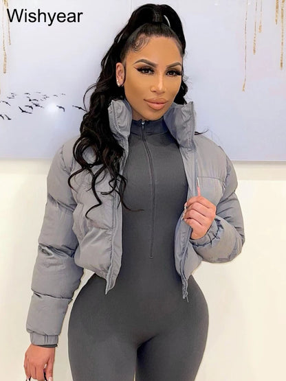 Winter Thick Warm Cotton Down Jacket Women Clothing Gray Zipper Short Puffer Parkas Coats Outwear Female  Crop Tops Streetwear