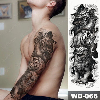 Large Arm Sleeve Tattoo Lion Crown King Rose Waterproof Temporary Tatoo Sticker Wild Wolf Tiger Men Full Skull Totem Fake Tatto