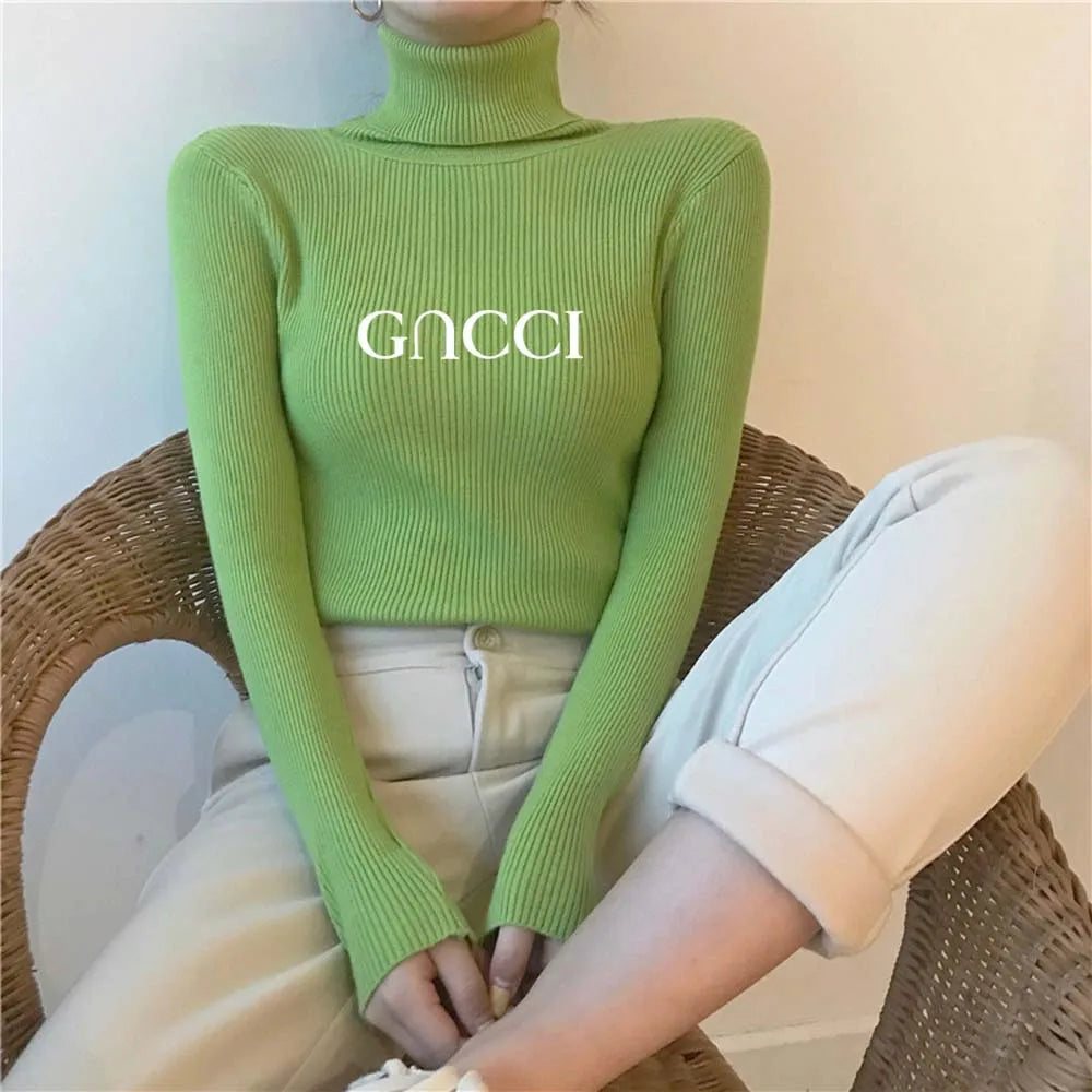 Elegant Solid Basic Knitted Tops Women Turtlneck Sweater Long Sleeve Casual Slim Pullover Korean Fashion Simple Chic Clothes