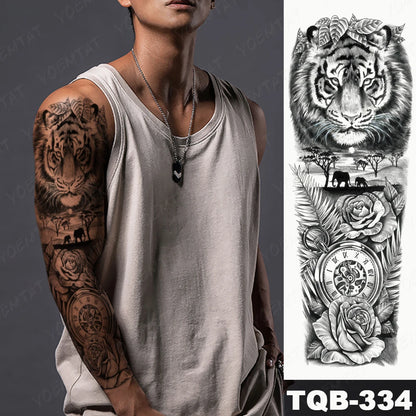 Large Arm Sleeve Tattoo Lion Crown King Rose Waterproof Temporary Tatoo Sticker Wild Wolf Tiger Men Full Skull Totem Fake Tatto