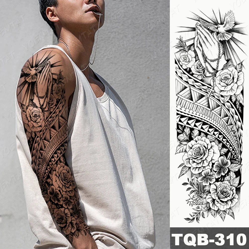 Large Arm Sleeve Tattoo Lion Crown King Rose Waterproof Temporary Tatoo Sticker Wild Wolf Tiger Men Full Skull Totem Fake Tatto