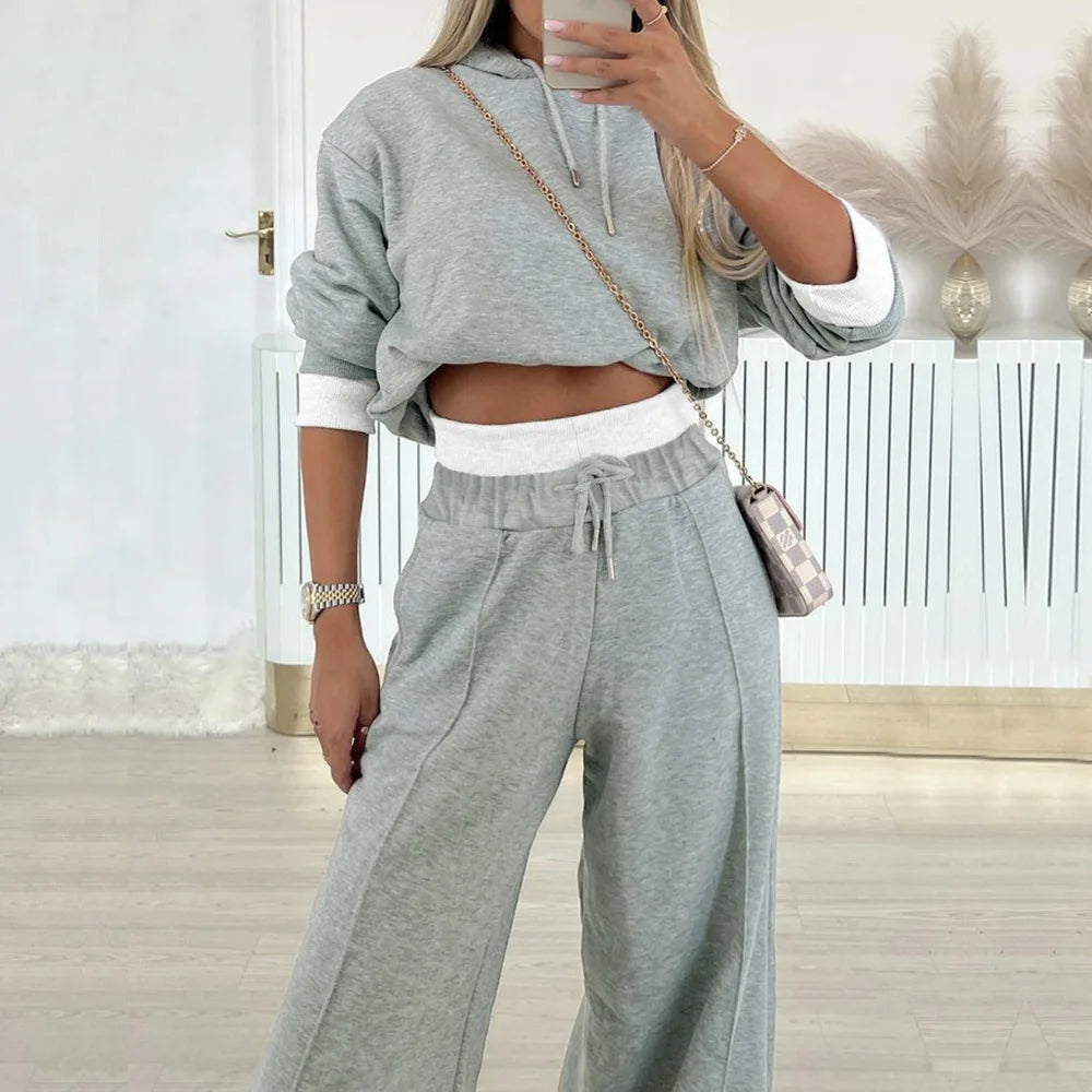 Elegant Women's Set 2024 Spring New Casual Y2k Hooded Sweatshirt Sports Wide Leg Pants Two-piece Suit for Female Streetwear