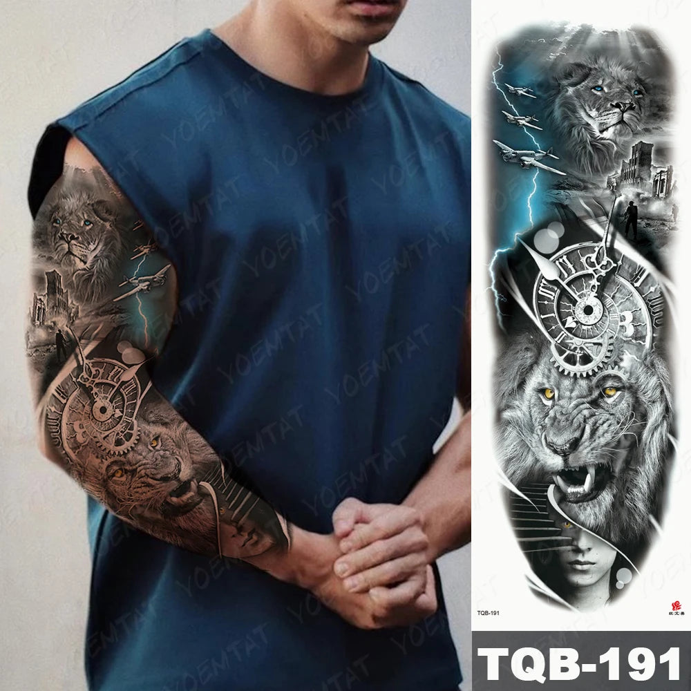 Large Arm Sleeve Tattoo Lion Crown King Rose Waterproof Temporary Tatoo Sticker Wild Wolf Tiger Men Full Skull Totem Fake Tatto