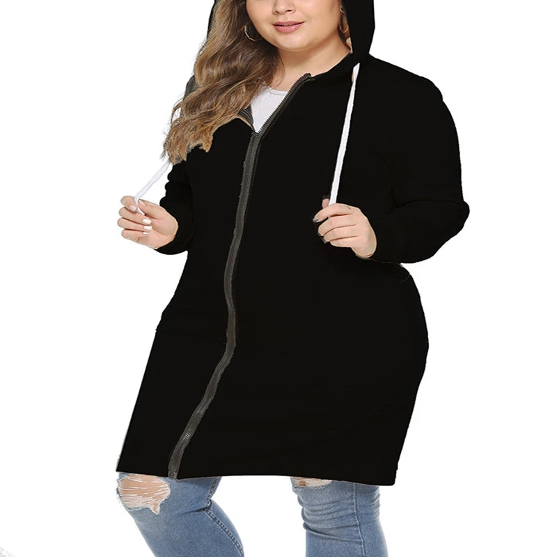 Women's plus size casual hooded sweatshirt, pocket zipper loose solid color coat, autumn and winter sweatshirt,