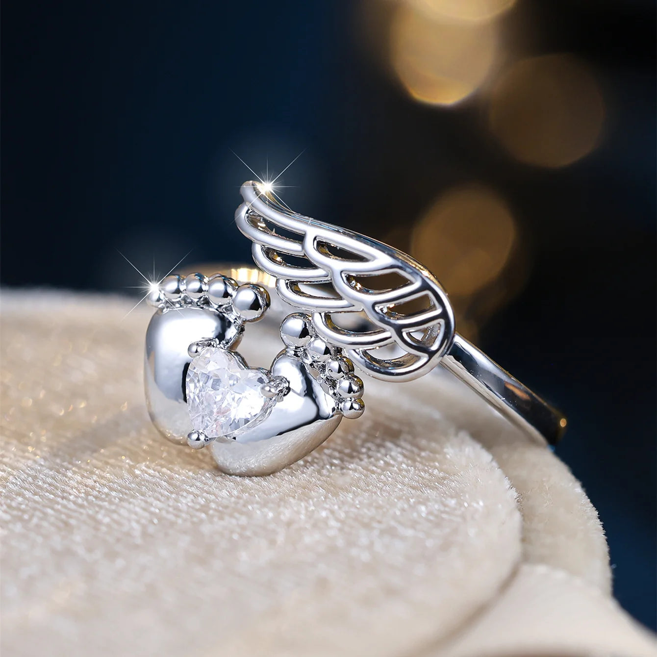 Personality Cute Little Feet Zircon Little Wings Rings Trendy Silver Color Opening Ring Dainty Small For Women Wedding Jewelry