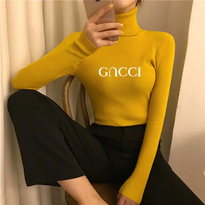 Elegant Solid Basic Knitted Tops Women Turtlneck Sweater Long Sleeve Casual Slim Pullover Korean Fashion Simple Chic Clothes