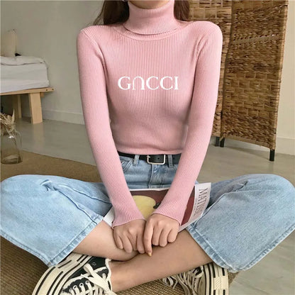 Elegant Solid Basic Knitted Tops Women Turtlneck Sweater Long Sleeve Casual Slim Pullover Korean Fashion Simple Chic Clothes