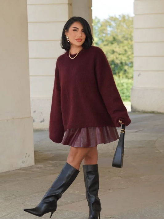 Elegant Lady Burgundy Loose Mohair Sweater Fashion O Neck Long Sleeves Pullover Autumn Chic Lady Commuting High Street Jumpers