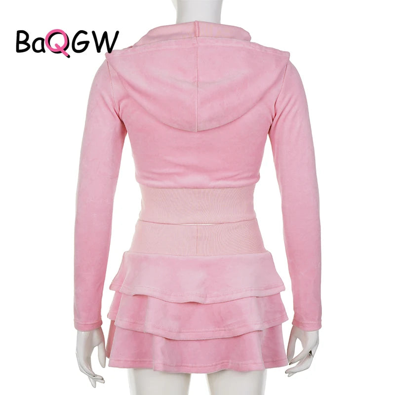 Sweet Korean Style Pink Zipper Hoodie and Tiered Mini Skirt Two Piece Set Women Sweet Y2K A-line Skirts Sweatshirts Suit Autumn