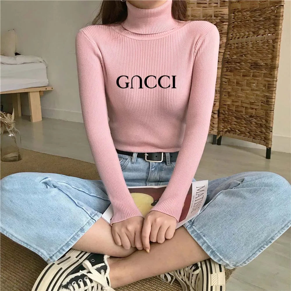 Elegant Solid Basic Knitted Tops Women Turtlneck Sweater Long Sleeve Casual Slim Pullover Korean Fashion Simple Chic Clothes