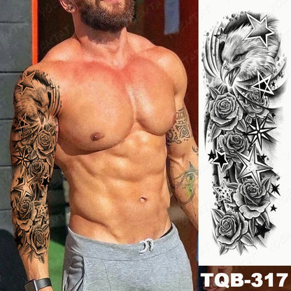 Large Arm Sleeve Tattoo Lion Crown King Rose Waterproof Temporary Tatoo Sticker Wild Wolf Tiger Men Full Skull Totem Fake Tatto