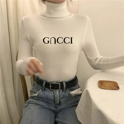 Elegant Solid Basic Knitted Tops Women Turtlneck Sweater Long Sleeve Casual Slim Pullover Korean Fashion Simple Chic Clothes