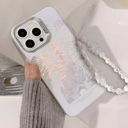 Pink Glitter Castle Phone Case with Lanyard for iPhone 15 14 13 12 Pro Max Plus Princess Fairytale Phone Case Cover