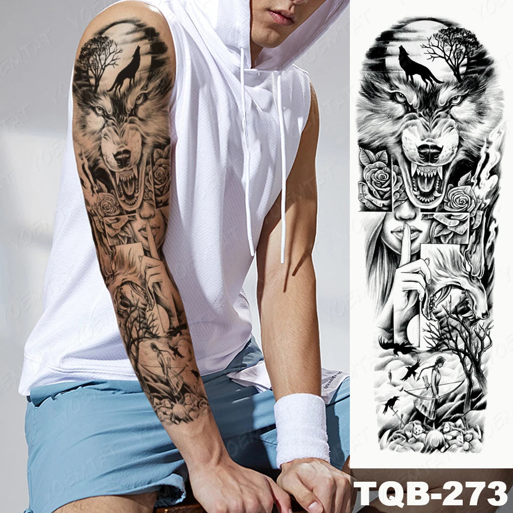 Large Full Arm Sleeve Tribal Totem Waterproof Temporary Tattoo Sticker Skull Totem Bird Wolf Tiger Fake Tatoo Body Art Men Women