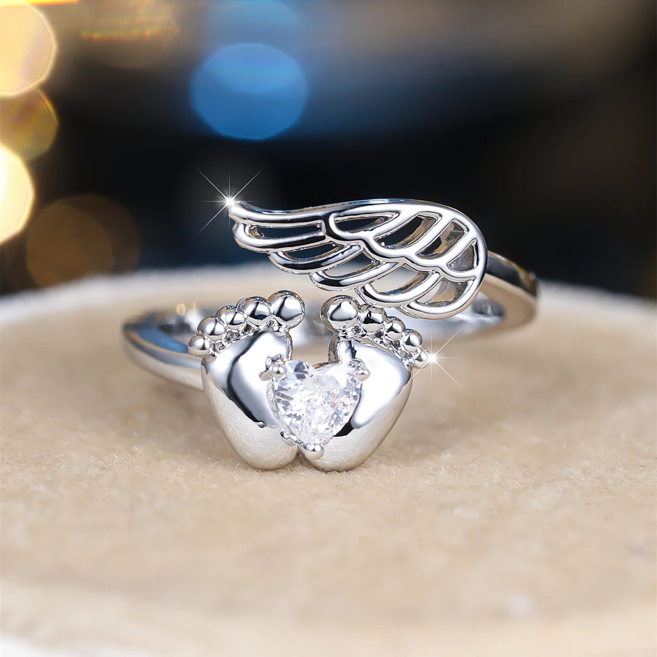 Personality Cute Little Feet Zircon Little Wings Rings Trendy Silver Color Opening Ring Dainty Small For Women Wedding Jewelry