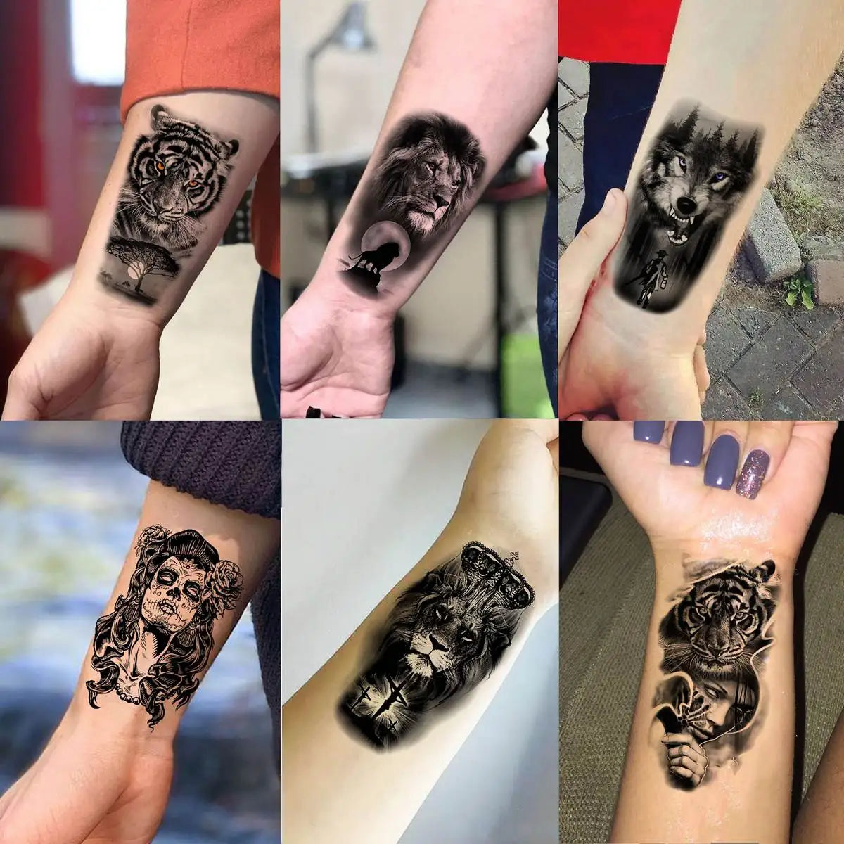 60 Sheets Ferocious Lion Tiger Temporary Tattoos For Men Women Arm Neck Devil Skull Tattoo Black Wolf Dragon Tatoo Small Desgin