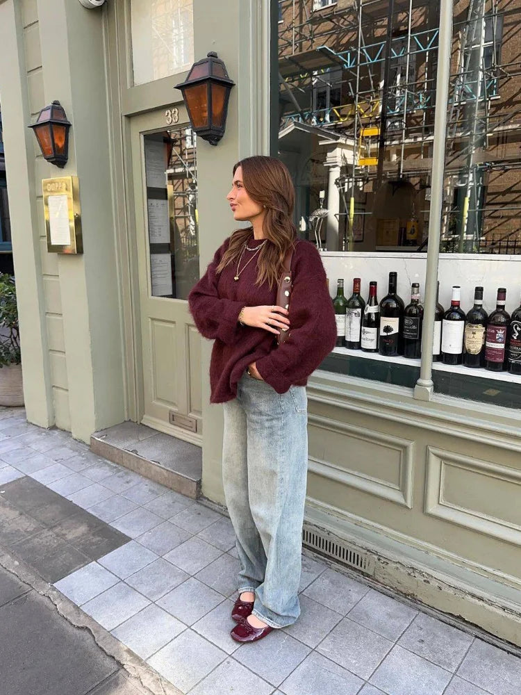 Elegant Lady Burgundy Loose Mohair Sweater Fashion O Neck Long Sleeves Pullover Autumn Chic Lady Commuting High Street Jumpers