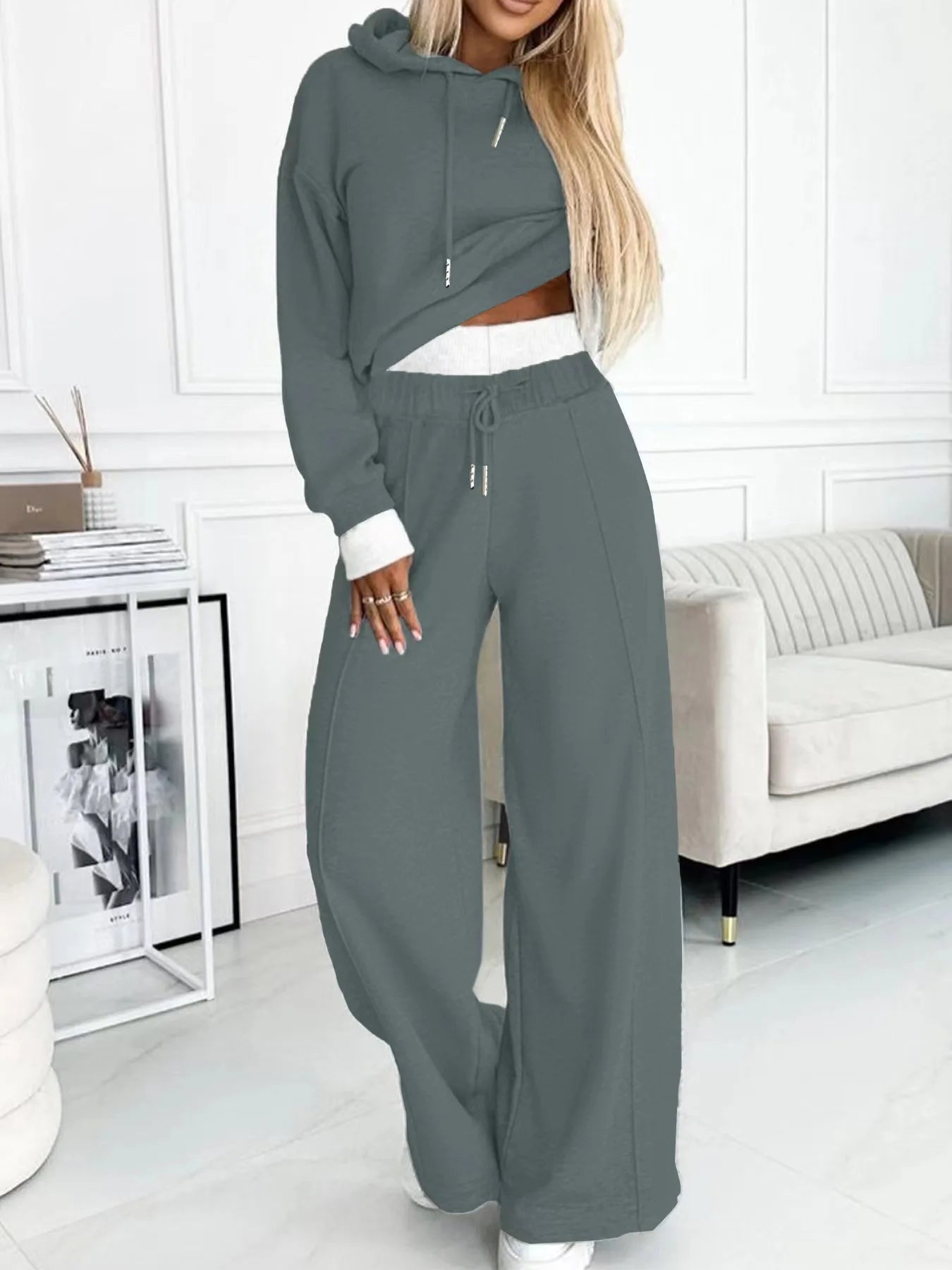 Elegant Women's Set 2024 Spring New Casual Y2k Hooded Sweatshirt Sports Wide Leg Pants Two-piece Suit for Female Streetwear