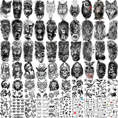 60 Sheets Ferocious Lion Tiger Temporary Tattoos For Men Women Arm Neck Devil Skull Tattoo Black Wolf Dragon Tatoo Small Desgin