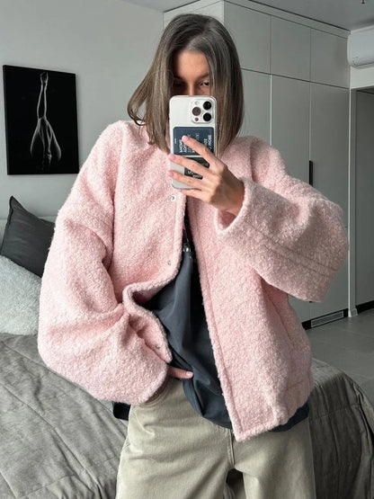 TARUXY Pink Short Fur Jacket Coat For Women Autumn Winter Casual Stand Collar Pocket Loose Fashion Long Sleeve Jacket Top Female