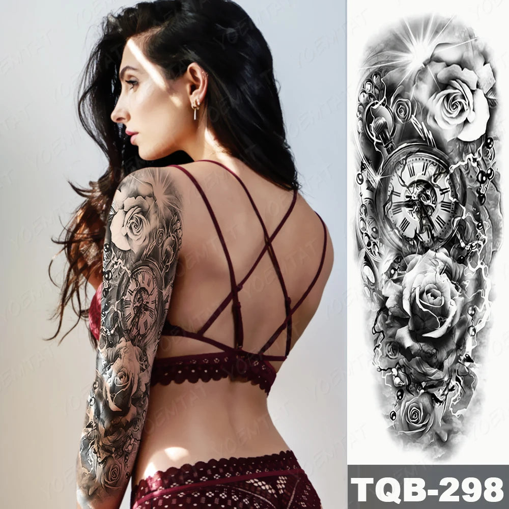 Large Arm Sleeve Tattoo Lion Crown King Rose Waterproof Temporary Tatoo Sticker Wild Wolf Tiger Men Full Skull Totem Fake Tatto