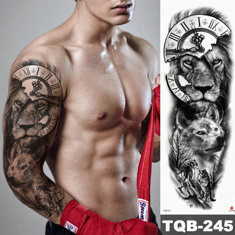 Large Arm Sleeve Tattoo Lion Crown King Rose Waterproof Temporary Tatoo Sticker Wild Wolf Tiger Men Full Skull Totem Fake Tatto