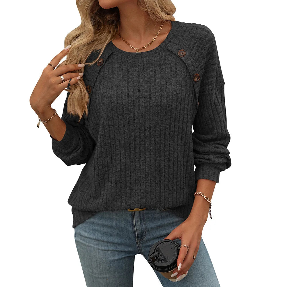 2025 New Item Women's Tee Top With Round Neck And Brushed Solid Color Pullover Tshirts Loose Casual Long Sleeved Button T-shirt