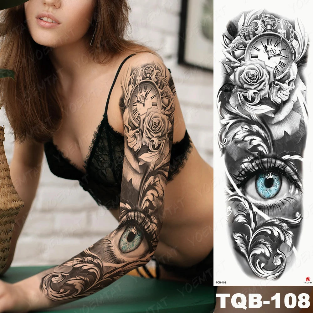 Large Arm Sleeve Tattoo Lion Crown King Rose Waterproof Temporary Tatoo Sticker Wild Wolf Tiger Men Full Skull Totem Fake Tatto