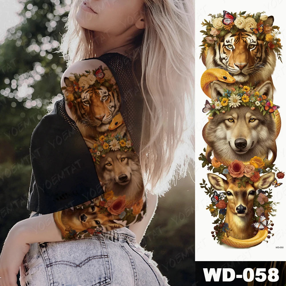 Large Arm Sleeve Tattoo Lion Crown King Rose Waterproof Temporary Tatoo Sticker Wild Wolf Tiger Men Full Skull Totem Fake Tatto