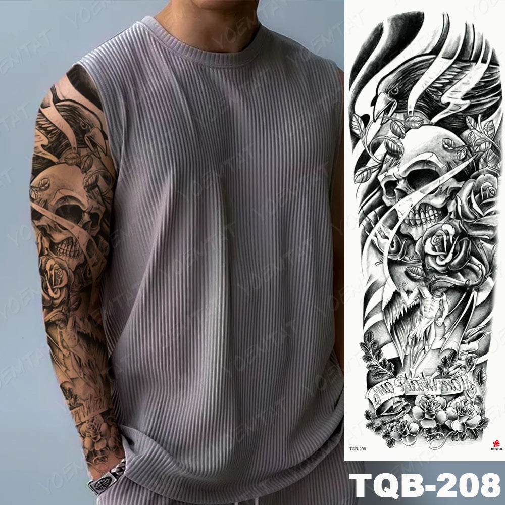 Large Arm Sleeve Tattoo Lion Crown King Rose Waterproof Temporary Tatoo Sticker Wild Wolf Tiger Men Full Skull Totem Fake Tatto